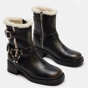 Steve Madden Women's Brixton Cozy Faux
Shearling Buckled Moto Booties